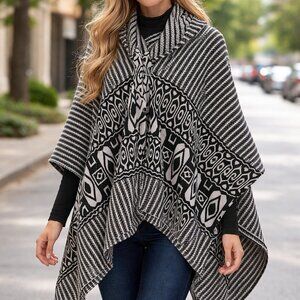 Andrew Marc black geometric hooded poncho cape with tassle tie